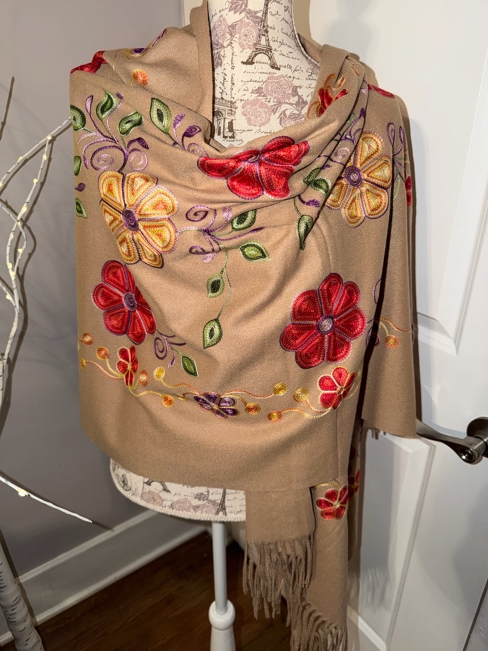 Peruvian Floral Embroidered Wool Scarf/ Pashmina #1